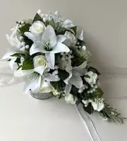 SILK WEDDING BOUQUET WHITE LILY CREAM ROSES WHITE BABIES BREATH TEARDROP FLOWERS