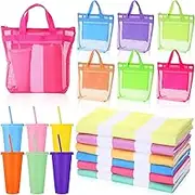 Threan 18 Pack Beach Party Favors Set Include Beach Towels Large Pool Towels Mesh Tote Bags Plastic Tumblers with Straws Lid Bulk for Adults Staff Teachers Summer Party Gifts Supplies