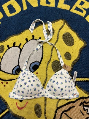 PINK Victoria's Secret White Floral Medium Triangle Push Up Swim Bikini Top