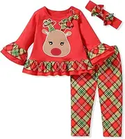 [MINIFEIKO] Toddler Baby Girls Christmas Outfit Long Sleeve Ruffle Shirt Reindeer Pattern Top and Plaid Pants with Headband