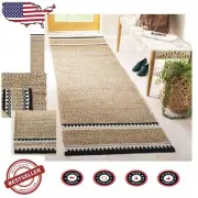 Coastal Boho Runner Rug - 2'3" x 14' Natural & Black Jute for High Traffic Areas