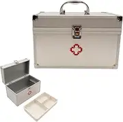 FOREVERIE Silver 10 Inches Empty Family Medicine Box with 3 Grid Tray, Aluminum Alloy Framed, Portable Home & Work First Aid Box with Top Handle