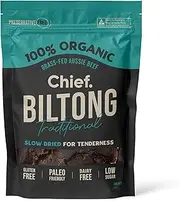 CHIEF Traditional Beef Biltong (12 x 30g Bags) | 100% Organic Grass-fed Aussie Beef, Paleo Friendly, Gluten Free, Dairy Free, Nut Free, Low Sugar