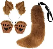 Oshhni Cosplay Fox Ears and Tail Fox Ear and Long Tail for Adults Children Plush Ears Hair Hoop Paw Gloves for Role Play Party Decor, Brown