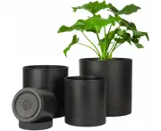 4-Piece Black Plant Pots with Saucers for Indoor Plants