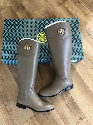 NIB Tory Burch Ashlynn Venus Leather Riding Boot High Boots Porcini Grey 10M