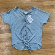 NWT Pink Republic Blue Shirt Top Size Small Waist Tie Button Up