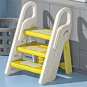 Folding Ladder Foldable Toddler Step Stool for Bathroom Sink, Adjustable 3 Step Stool for Kids Toilet Potty Training Stool with Handles, Child Kitchen Counter Stool Helper, Plastic Ladder for Toddlers