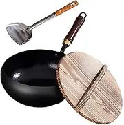 Uncoated Iron Frying Pan & Cast Iron Pot, Hand Forged Big Belly Pot Set, Traditional Cast Cookware with Wooden Handle, Natural Non-Stick Surface for All Stovetops(A-Wood Cover,26CM)