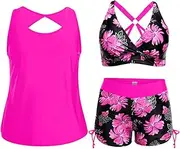 [Holipick] Women 3 Piece Plus Size Tankini Swimsuits Tummy Control Bathing Suits with Sports Bra with Boy Shorts, Pink Floral Print, 24 Plus
