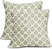 Sage Green Floral Pillow Covers 18x18 Inch Set of 2, Vintage Flower Block Print Pattern Decorative Throw Pillowcases Outdoor Farmhouse Cushion Covers Spring Summer Rustic Sofa Couch Bed Decor