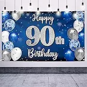 Nelbiirth Happy 90th Birthday Decorations,90th Blue & Silver Balloon Large Birthday Banner Backdrop Sign,Cheers to Ninety Years Old Bday Party Supplies.
