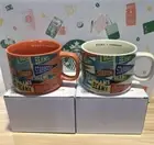 BEAMS Starbucks coffee Cup Mug 12oz Japan Orange Beige Pennant Design NEW in box