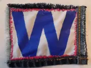 Wave the W patch Chicago Cubs pink stitching frayed denim hand made art 3x4 inch