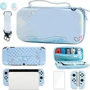GLDRAM Blue Carrying Case for Nintendo Switch OLED, Cute Cartoon Dog Switch OLED Accessories Kit with Shockproof Travel Bag, PC Protective Cover, Screen Protector, Shoulder Strap & 2 Thumb Caps