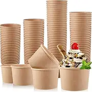 Honeydak 100 Pieces Ice Cream Cups Paper Disposable Sundae Bowls Kraft Paper Hot Cold Soup Snack Yogurt Dessert Small Cups for Ice Cream Baby Shower Party Supplies, Brown(8 oz)