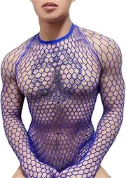 [Bewellan] Hollow Mesh Underwear Tops Mens Elastic Long Sleeved Sheer Undershirts Sexy Leaky HIPS Shirt Men's Under Wear Lingerie Tee Sapphire