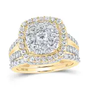 10kt Yellow Gold Round Diamond Cluster Bridal Wedding Ring Band Set 1-7/8 Cttw