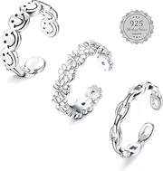 [ORAZIO] 3 Pieces 925 Sterling Silver Toe Rings for Women Adjustable Open Cuff Toe Rings Set Cubic Zirconia Toe Rings Platinum Coating White Gold Summer Beach Foot Jewellery