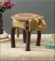 Indian Hand Painted Brown Elephant Shape Stool Wooden Stool Room Side Stool