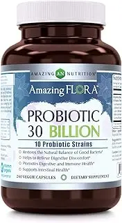 Amazing Flora Probiotic 30 Billion with 10 Best Probiotics Strains Including Acidophilus, plantarum, rhamnosus etc * Supports Digestive & Immune Health * Veggie Capsules (240 Count)