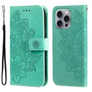 For iPhone 16 Pro Max Case, PU Leather Mandala Cover, Green