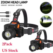2PACK USB Headlamp Rechargeable LED Head Light Zoomable Waterproof Flashlight US
