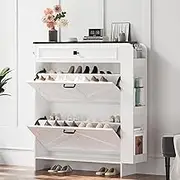 IRONCK Shoe Storage Cabinet with 2 Flip Drawers & Barn Door Design, Freestanding Shoe Cabinet Organizer with Drawer and Shelves for Entryway, Farmhouse Shoe Rack Cabinet, White/Black
