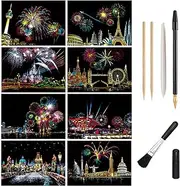 Magic Scratch Art Paper, Mini Envelope Postcard, Rainbow Night View Scratchboard for Adults and Kids, Art & Crafts Set: 8 Sheets Scratch Cards & 6 Tools Drawing Pen, Clean Brush (Gorgeous Fireworks)