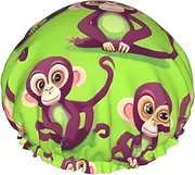 Green Clever Monkey Print Shower Cap For Women Men Reusable Lightweight Soft Bath Hair Cap With Elastic Band