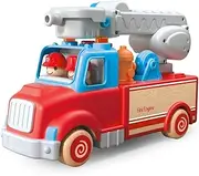 Wanborns Wooden Fire Engine Toy with Sound & Light – Shape Sorter Truck with Ladder, Pull String & 2 Firefighters – Educational Rescue Vehicle for Toddlers 18+ Months