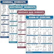 Palace Learning 4 Pack - Dumbbell Workouts + Bodyweight Exercises + Resistance Bands Workouts + Warm Up Exercises - Set of 4 Workout Charts (LAMINATED, 18” x 24”)