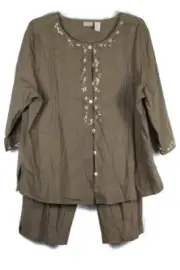 Erika Olive Green Women's 2 Pc Ankle Pants Blouse Sequins Set Size 2X 025