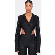 Tall Black Sequin Lace Bodysuit Blazer Jacket, Black