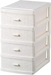 Plastic Storage Drawer Unit 4 Tier | Rattan Cream Storage Cabinet Chest Tower Trolley | Home Kitchen Office School Garage | 32 (Height) x 17.9 (Width) x 25.8 (Length) cm
