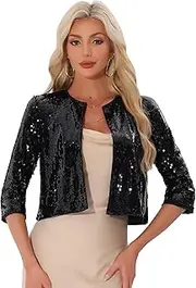 [Allegra K] Women's Sequin Cardigan Glitter 3/4 Sleeve Open Front Party Club Jackets