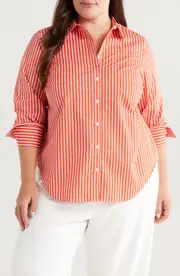 Universal Standard Henning x US Madison Poplin Button-Up Shirt in Red/White Stripe at Nordstrom, Size Large
