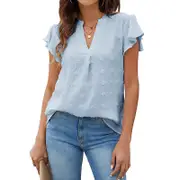 Nevenka Womens Ruffle Shirts V Neck Short Sleeve Pom Chiffon Blouses Tops-Light Blue
