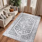 Vintage Rug for Living Room 120 x 180 cm, Grey Washable Kitchen Rug Non-Slip Rubber Backing, Soft Short Pile Bedroom Faux Wool Rug for Children's Room, Laundry Room, Bathroom