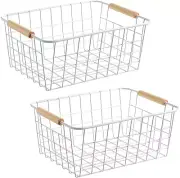 White Wire Baskets with Wooden Handles Storage Organizer Baskets, Household Refr
