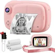 Misilmp Instant Camera Children, 3.5 Inch 1080P Zero-Ink Instant Camera with 4 Rolls of Printing Paper, 32GB TF Card Digital Children's Camera Gifts Boys for 3-14 (Pink)