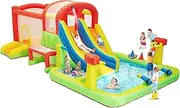 ANYAGREE Inflatable Water Slide, 10-in-1 Water Park for Kids Backyard Bounce Water Slide, Large Splash Pool, Water Cannon, Double Basketball Rings and Climbing Wall.