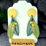 GREEN YELLOW WATTLE FLOWER NATIVE SILVER DANGLE EARRINGS POLYMER CLAY HANDMADE