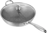 TOPPERFUN Stainless Steel Honeycomb Cooking Pan with Lid Non Stick Frying Wok for Even Heat Distribution for Home Cooking and Restaurant Use