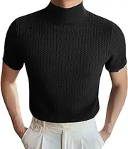 [Generic] Plain T Shirts Pack Male Spring and Summer Knitted High Neck Short Sleeve Solid Color Pleated Round Neck Casual T Shirt Top Bright Blouses Men