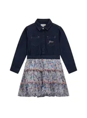 GUESS Girl's Dark Blue Multi Fit and Flare Denim Tulle Dress Size: 6, Polyester