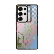 Galaxy S25 Ultra Impact Ring Stand Case Checkered Butterflies