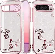 [Yarxiawin] Phone Case for Google Pixel 9 Pro XL Slim Aesthetic, Effect Glitter for Google Pixel 9 Pro XL Case Clear Silione Soft Shockpooof Cover Pink Floral for Women (Silver-Pink)