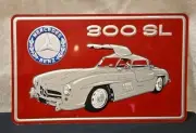 Mercedes Benz 300 SL Gullwing Metal Tin Sign w/Logo Silver & Blue on Red 12.5"