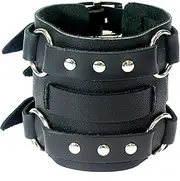 [Neptune Giftware] Wide Triple Strap Leather Cuff Wrap Gothic Wristband Bracelet With Buckle Fastening - BLACK LEATHER